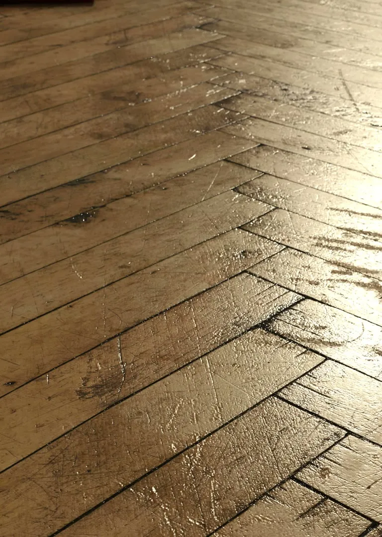 Sunlight on an old herringbone parquet floor